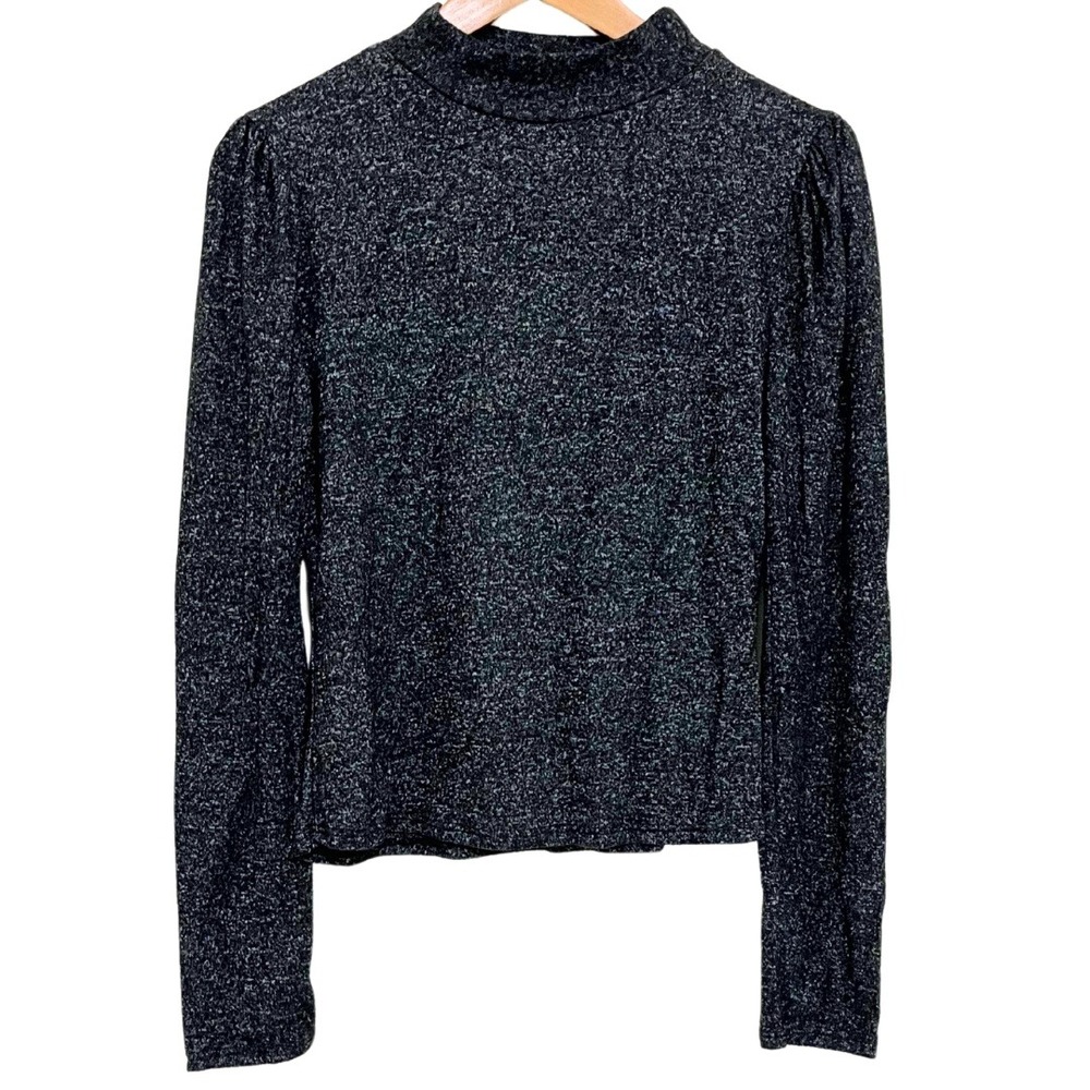 Mock-Neck Puffed Shoulder Marled Charcoal Grey Long Sleeve Top – Seduction, M